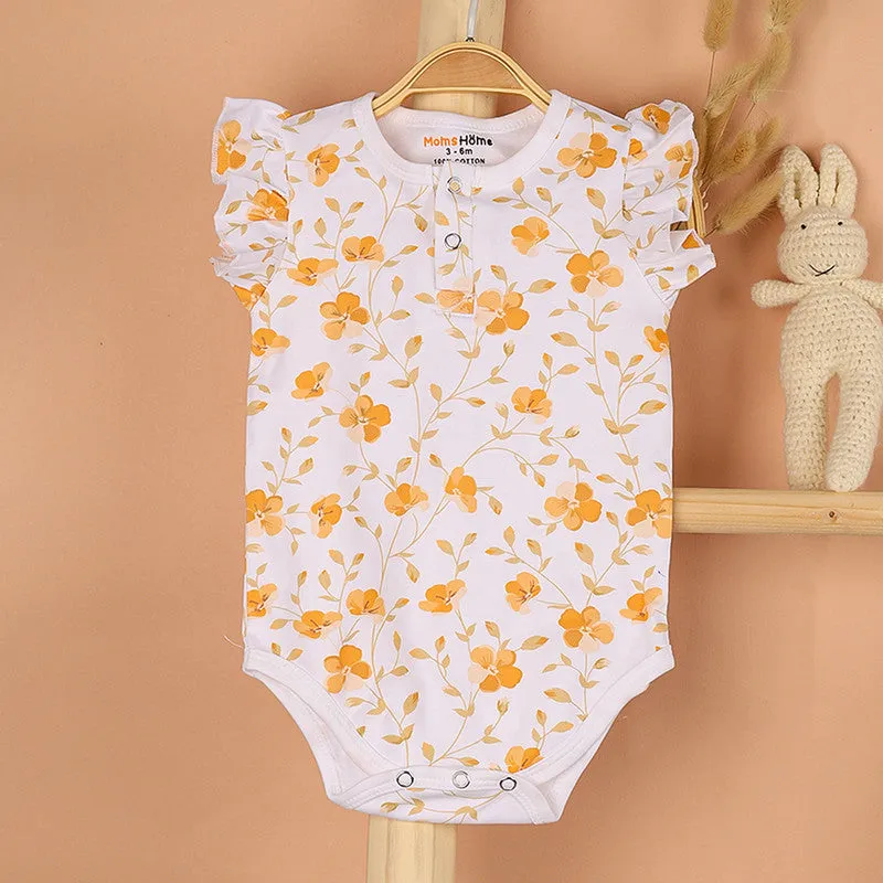 Organic Cotton Onesie For Baby Girl | Bloom Flower Printed | Peach