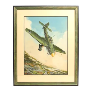 Original Artwork: Framed 1966 Dated Realistic Painting of WWII German Junkers Ju 87 Stuka by Uwe Feist - 23 7/9” x 19 ⅛” UV Light Protected Frame