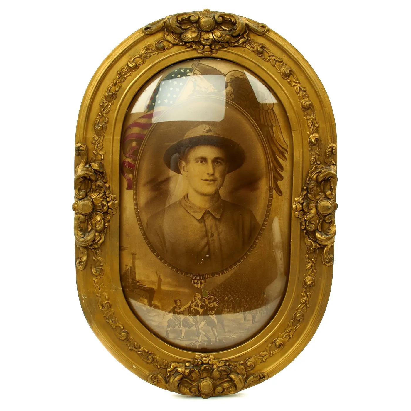 Original U.S. WWI Marine Corps Soldier Patriotic Framed Convex Oval Photo