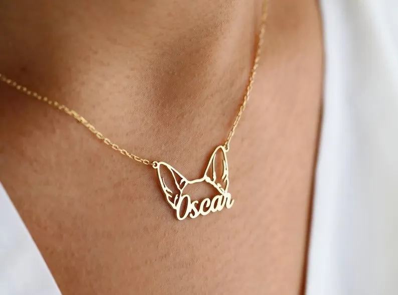 Personalised Dog Breed Ears Cat Breed Ears Necklace with Name