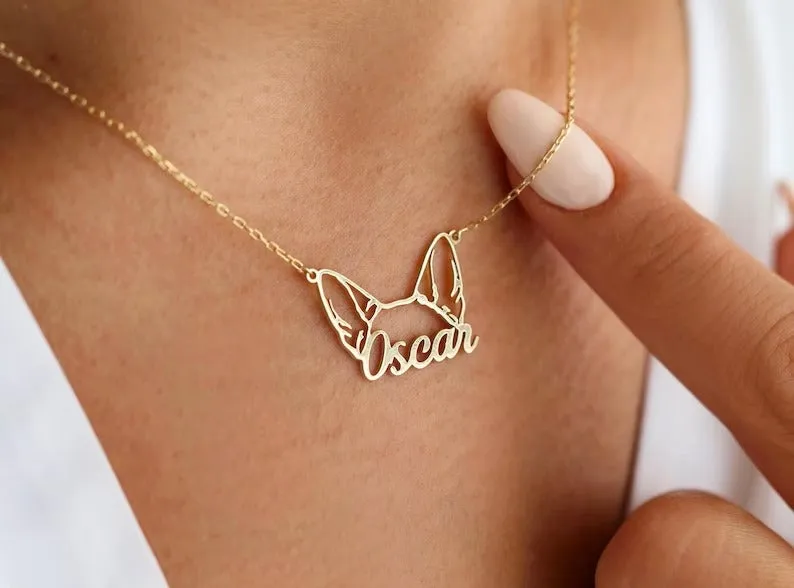 Personalised Dog Breed Ears Cat Breed Ears Necklace with Name