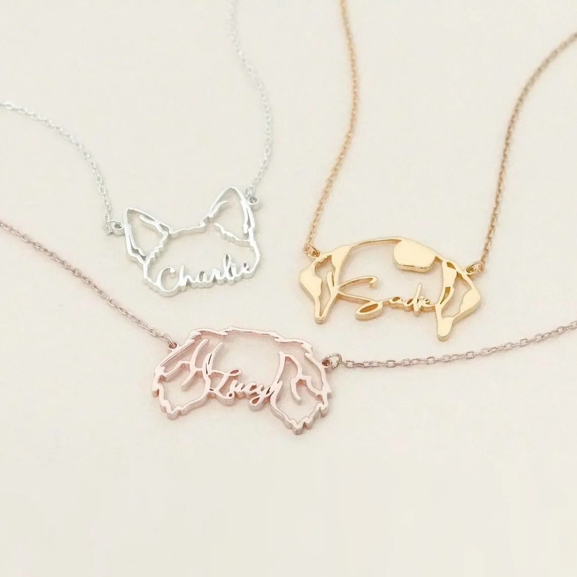 Personalised Dog Breed Ears Cat Breed Ears Necklace with Name