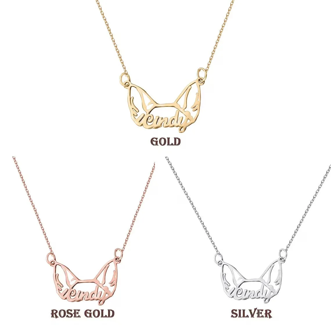 Personalised Dog Breed Ears Cat Breed Ears Necklace with Name