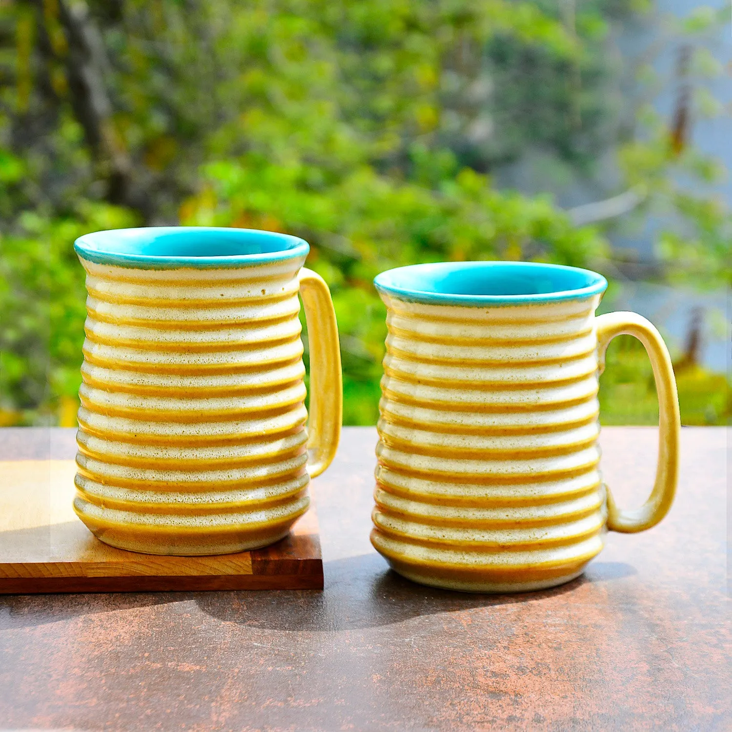 Premium Ceramic Jumbo Beer Mugs (650 ml each, Set of 2, Beige and Sky Blue)