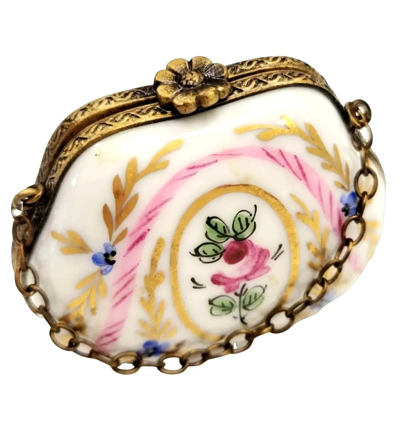 Purse Gold Pink Flowers w Special Antiqued Brass - One of a Kind Hand Painted