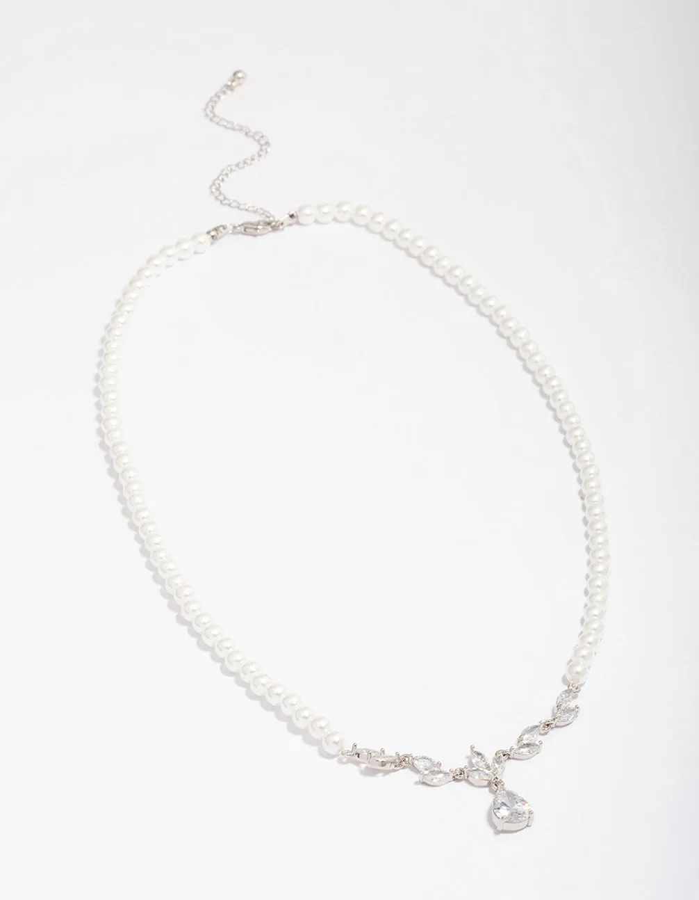 Silver Plated Pearl Strand Cubic Zirconia Vine Necklace