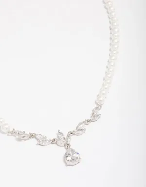 Silver Plated Pearl Strand Cubic Zirconia Vine Necklace