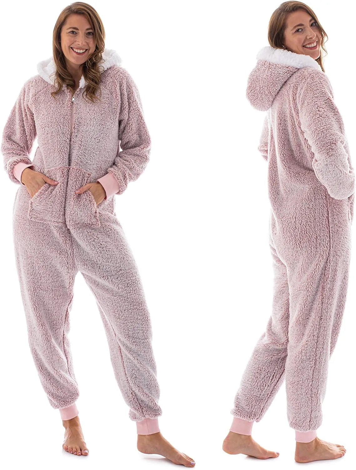 Soft Teddy Fleece Onesie Pajamas for Women, Medium Pink