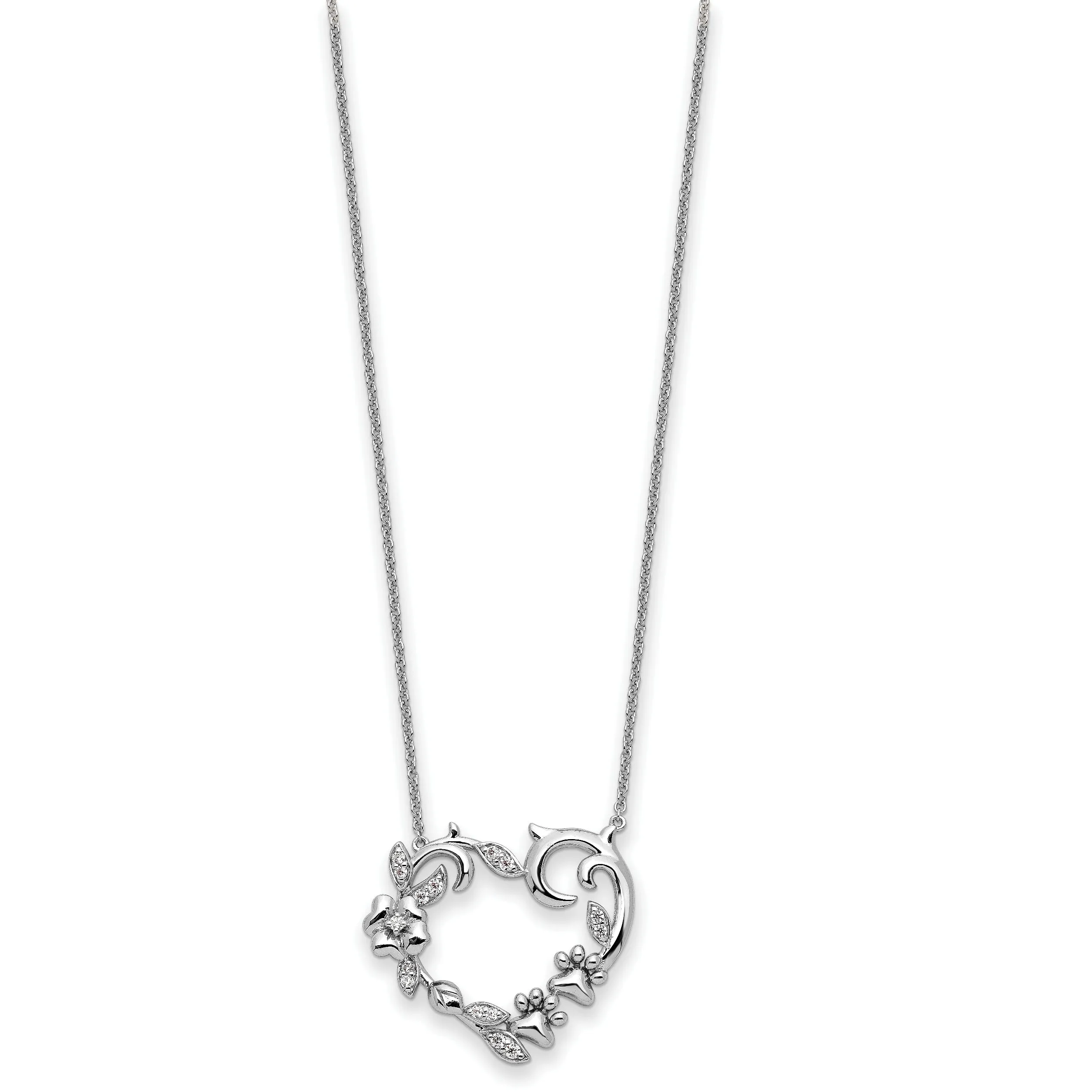 Sterling Silver CZ My Special Pet Heart with Flowers and Paw Prints 18" Necklace