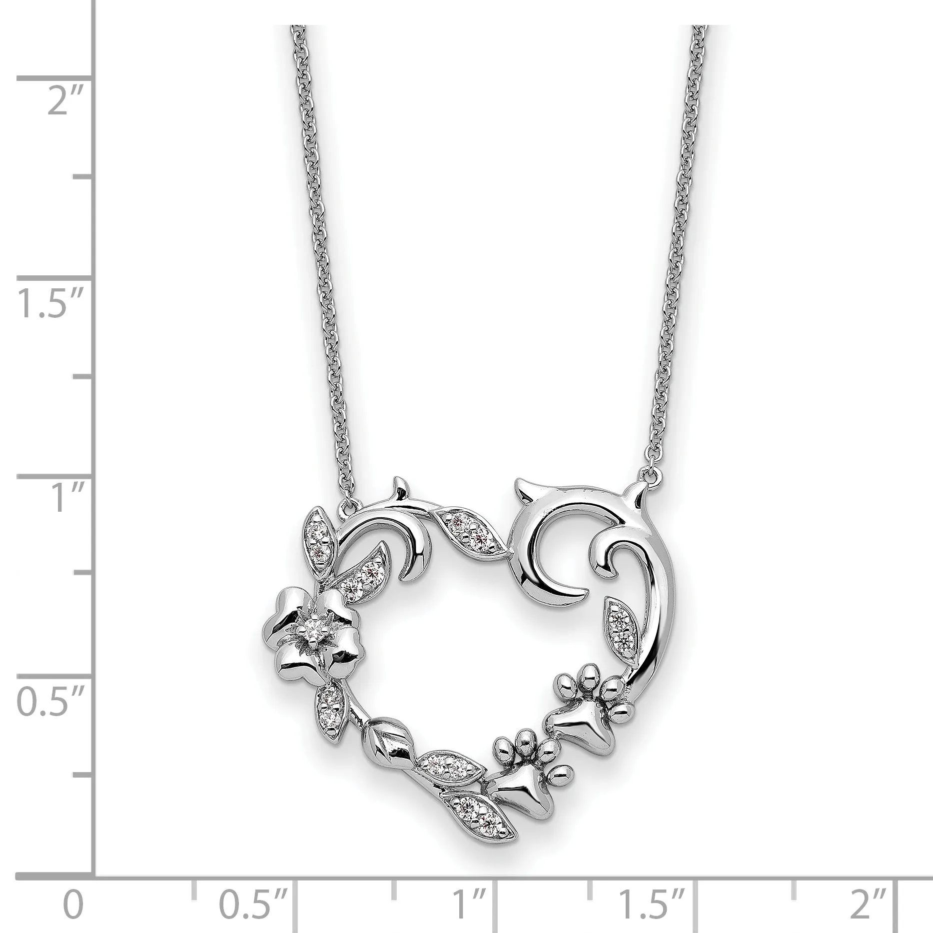 Sterling Silver CZ My Special Pet Heart with Flowers and Paw Prints 18" Necklace