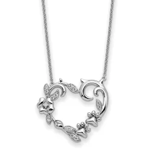 Sterling Silver CZ My Special Pet Heart with Flowers and Paw Prints 18" Necklace