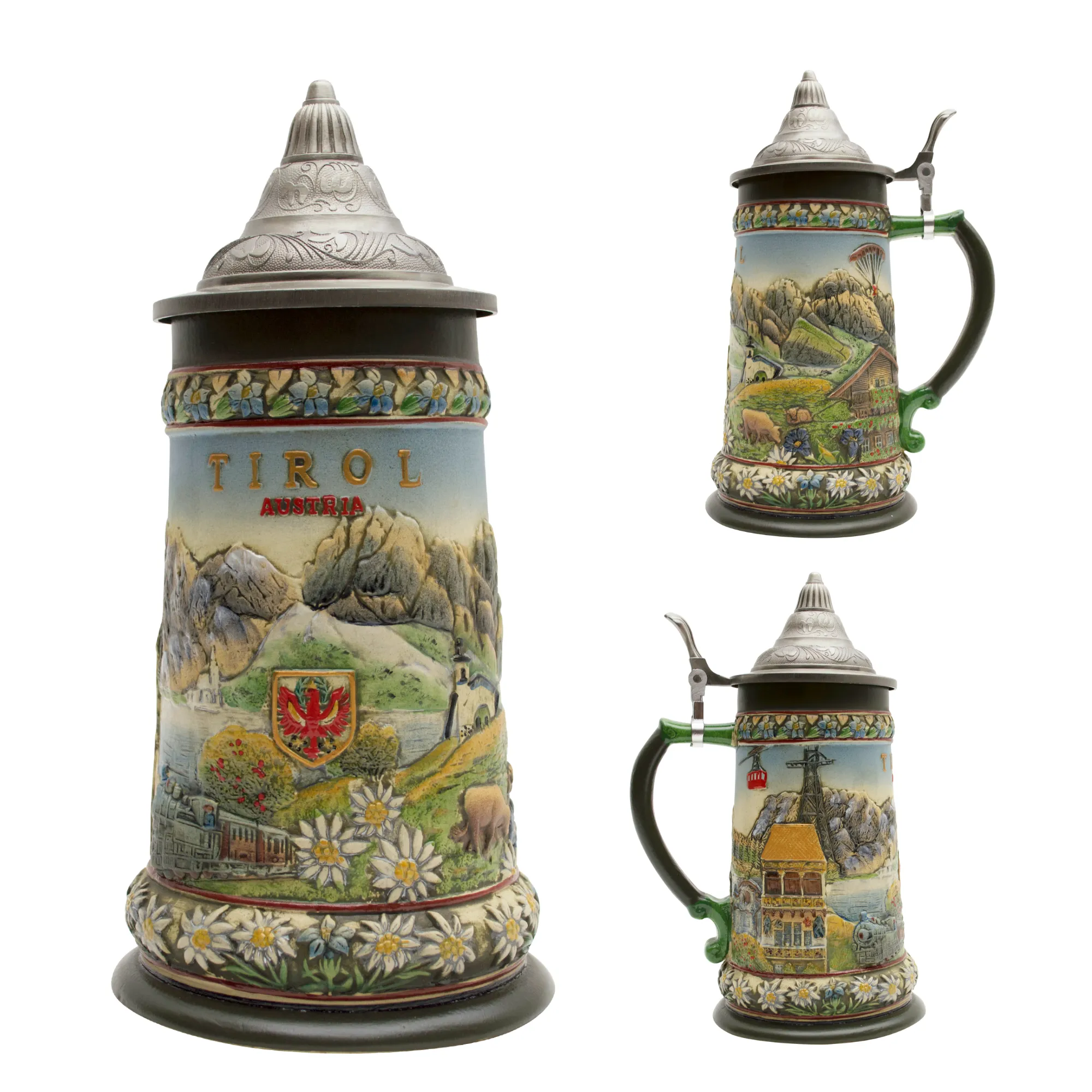 Tirol Scenic Austrian Alps Collectible Beer Stein with Engraved Metal Lid