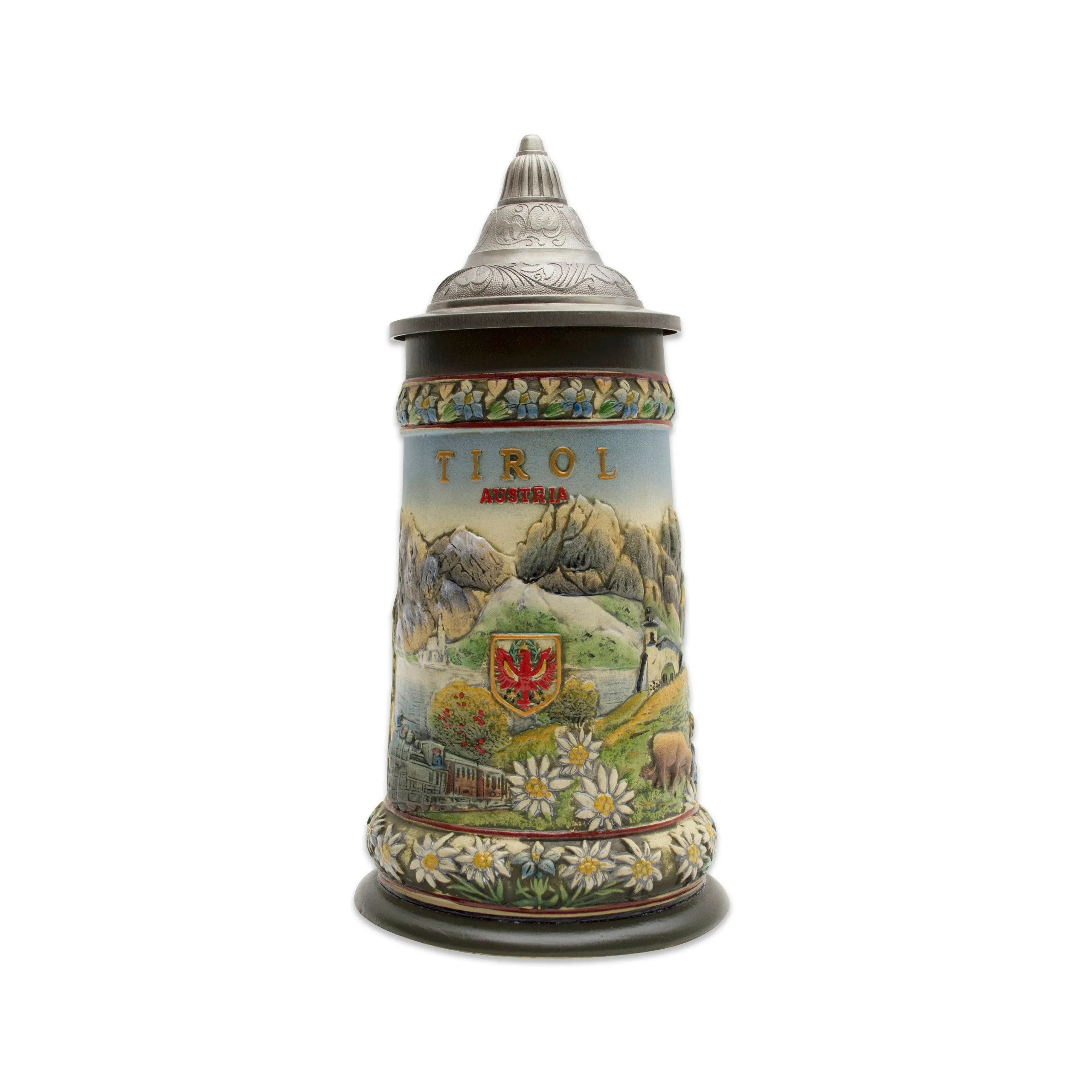 Tirol Scenic Austrian Alps Collectible Beer Stein with Engraved Metal Lid