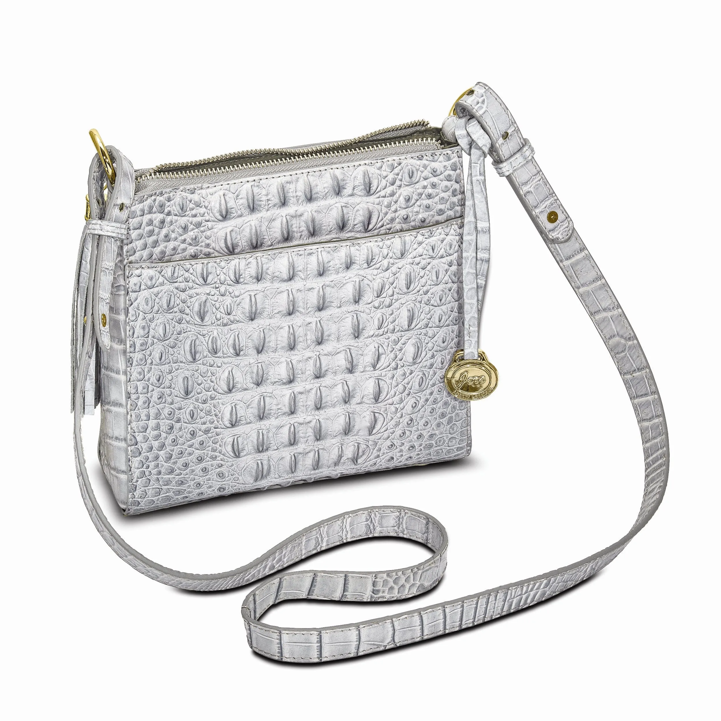 Top Grain Leather Croc Texture Silver Organizer Crossbody Bag