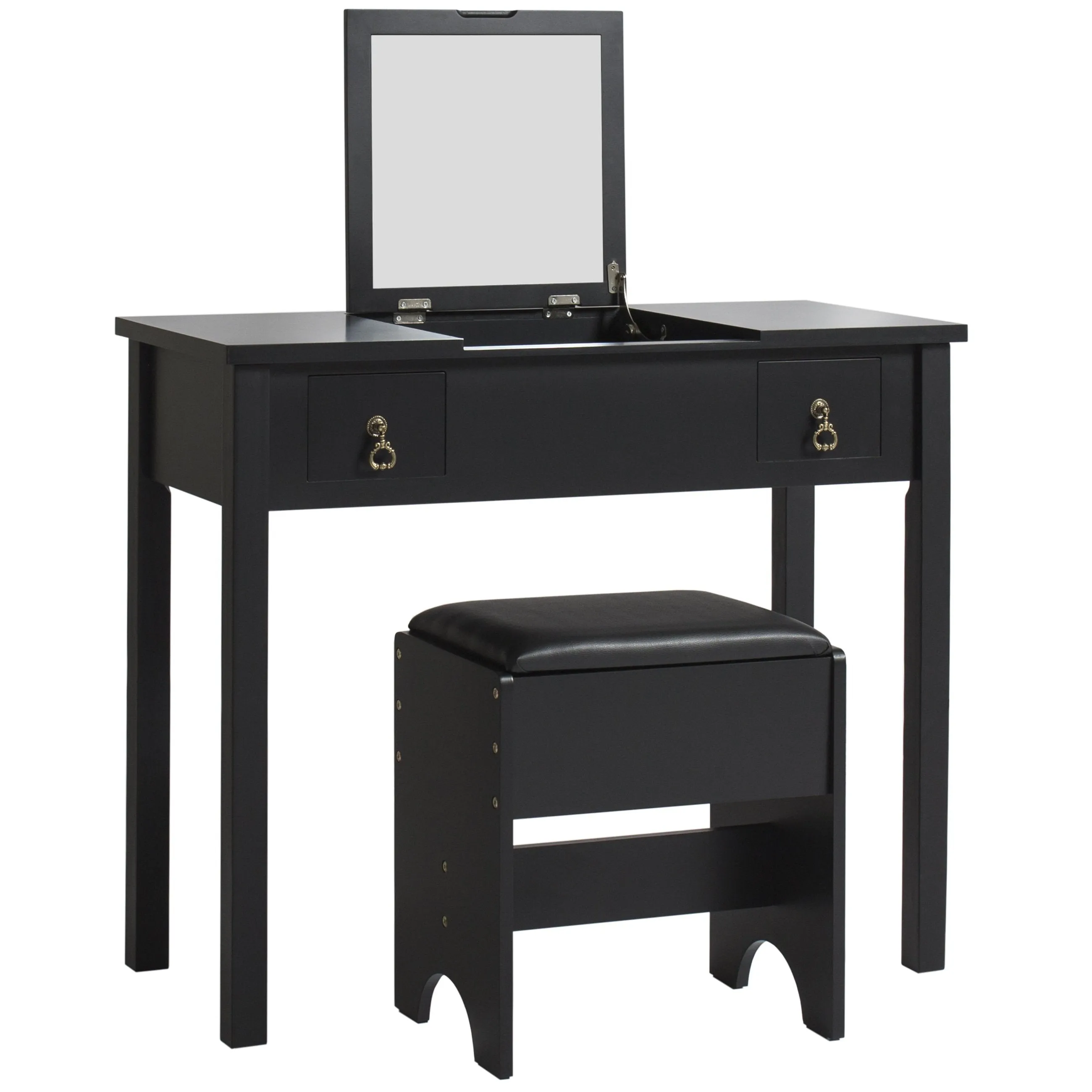 Vanity Dressing Table Set w/ Mirror, Stool, Storage Boxes - Black